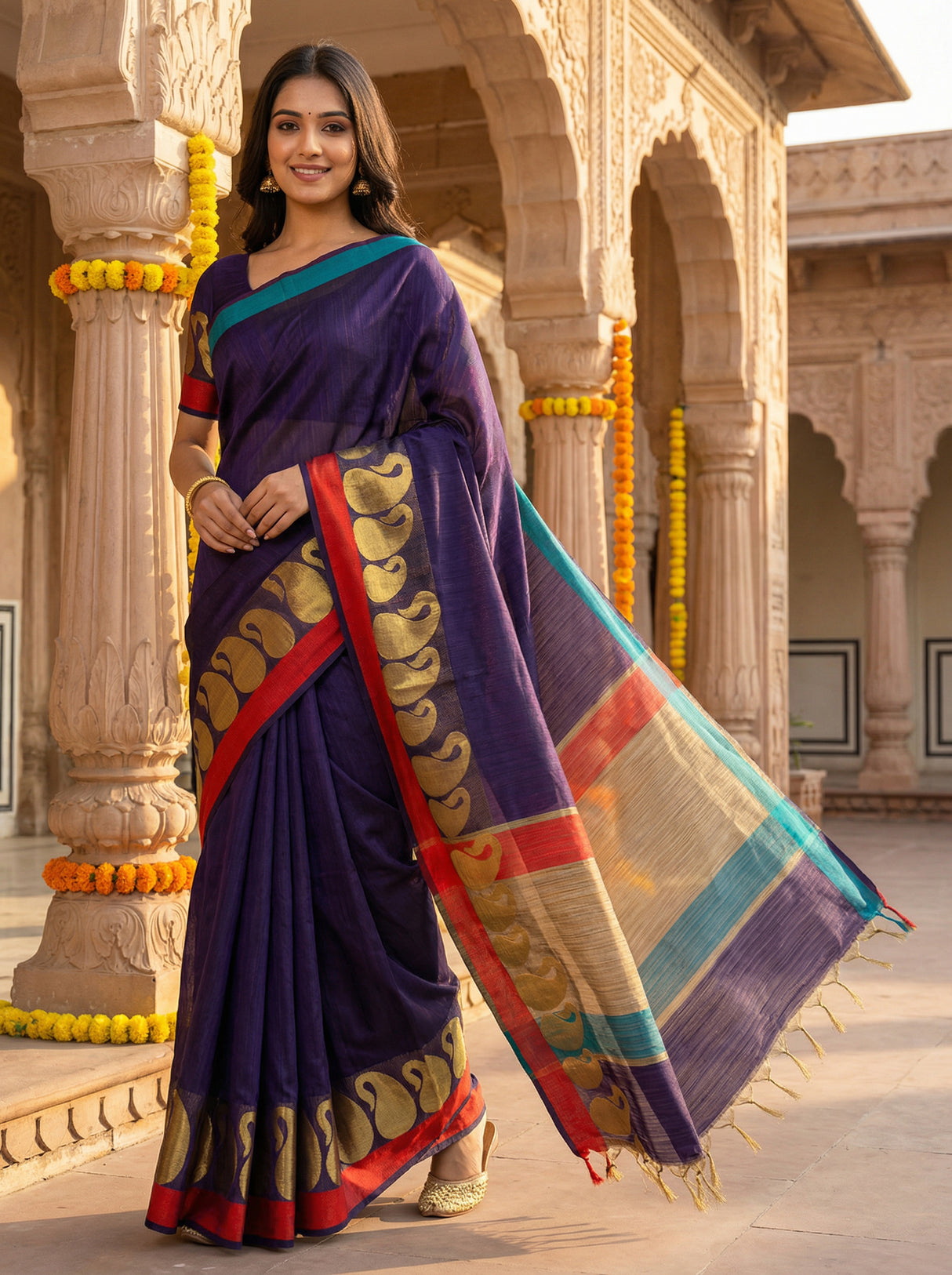 MIMOSA Women's Woven Design Banarasi Style Linen Saree with Blouse Piece - Navy ( SA00003151NVFREE )