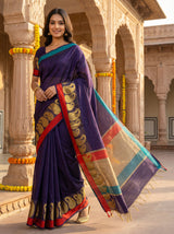 MIMOSA Women's Woven Design Banarasi Style Linen Saree with Blouse Piece - Navy ( SA00003151NVFREE )