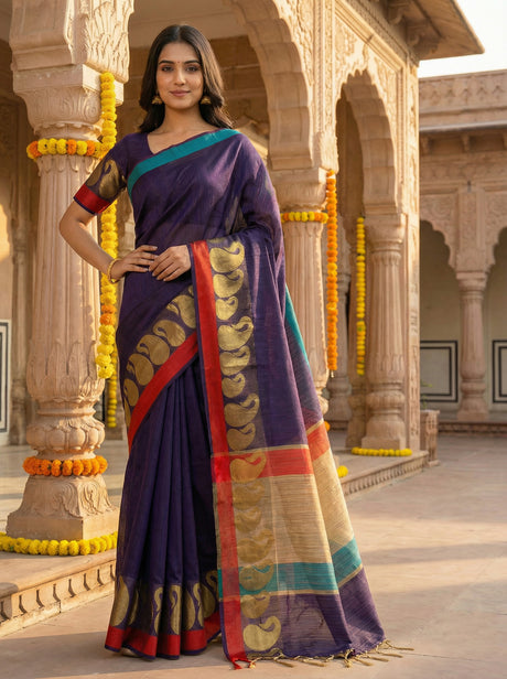 MIMOSA Women's Woven Design Banarasi Style Linen Saree with Blouse Piece - Navy ( SA00003151NVFREE )