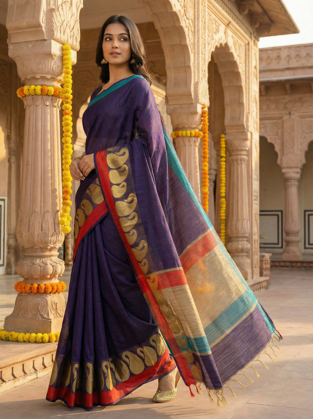 MIMOSA Women's Woven Design Banarasi Style Linen Saree with Blouse Piece - Navy ( SA00003151NVFREE )