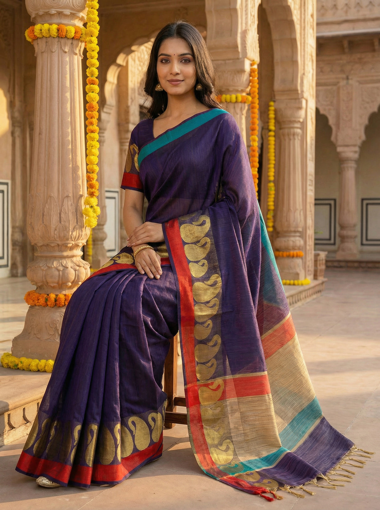 MIMOSA Women's Woven Design Banarasi Style Linen Saree with Blouse Piece - Navy ( SA00003151NVFREE )