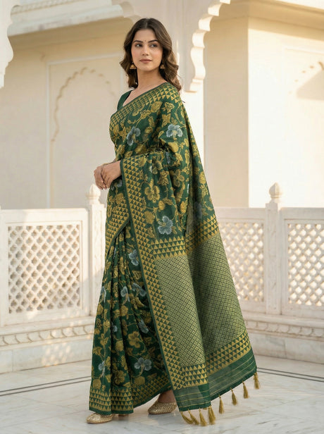 MIMOSA Women's Woven Design Kanjivaram Style Art Silk  Saree with Blouse Piece - Green ( SA00003152GRNFREE )