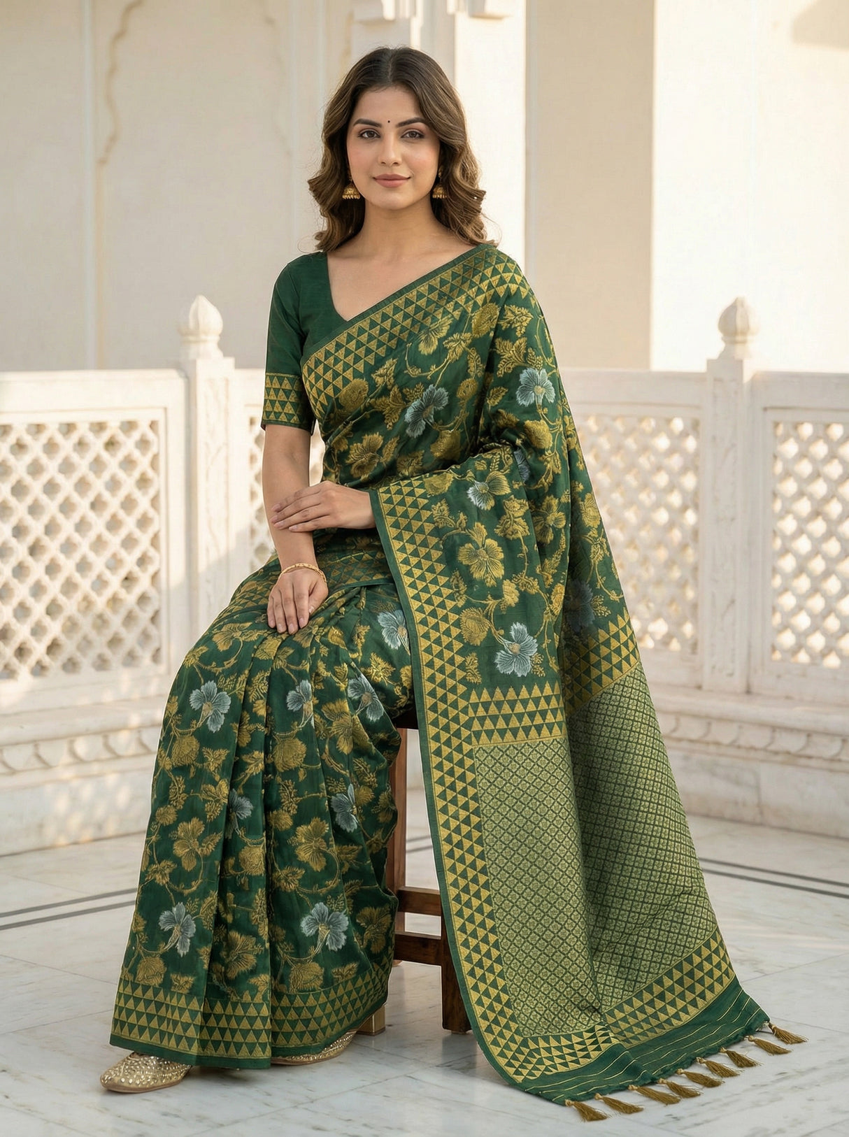 MIMOSA Women's Woven Design Kanjivaram Style Art Silk  Saree with Blouse Piece - Green ( SA00003152GRNFREE )