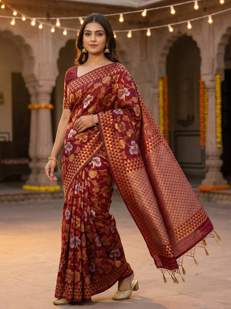 MIMOSA Women's Woven Design Kanjivaram Style Art Silk  Saree with Blouse Piece - Maroon ( SA00003152MRFREE )