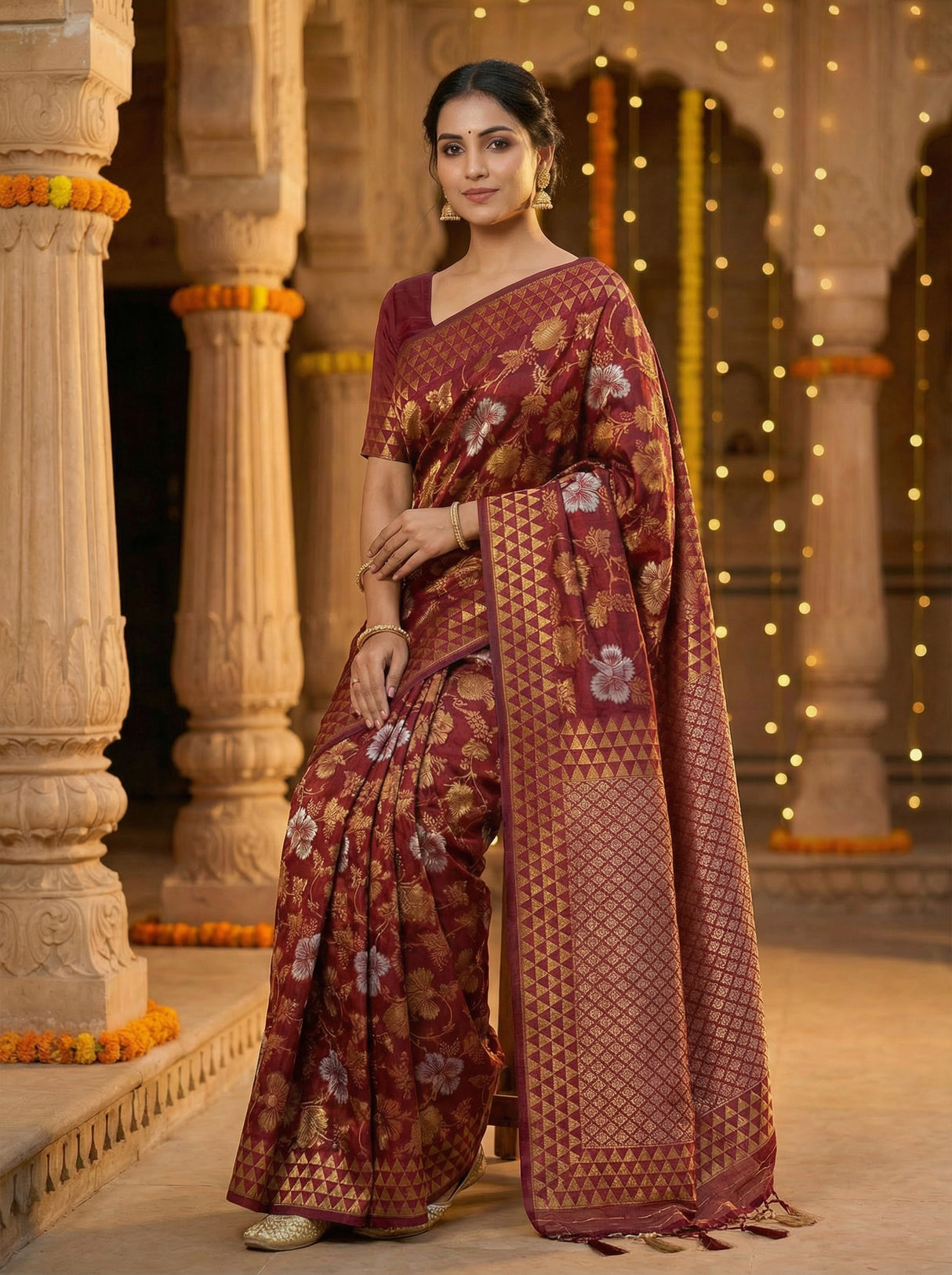 MIMOSA Women's Woven Design Kanjivaram Style Art Silk  Saree with Blouse Piece - Maroon ( SA00003152MRFREE )