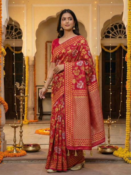 MIMOSA Women's Woven Design Kanjivaram Style Art Silk  Saree with Blouse Piece - Rani ( SA00003152RNFREE )