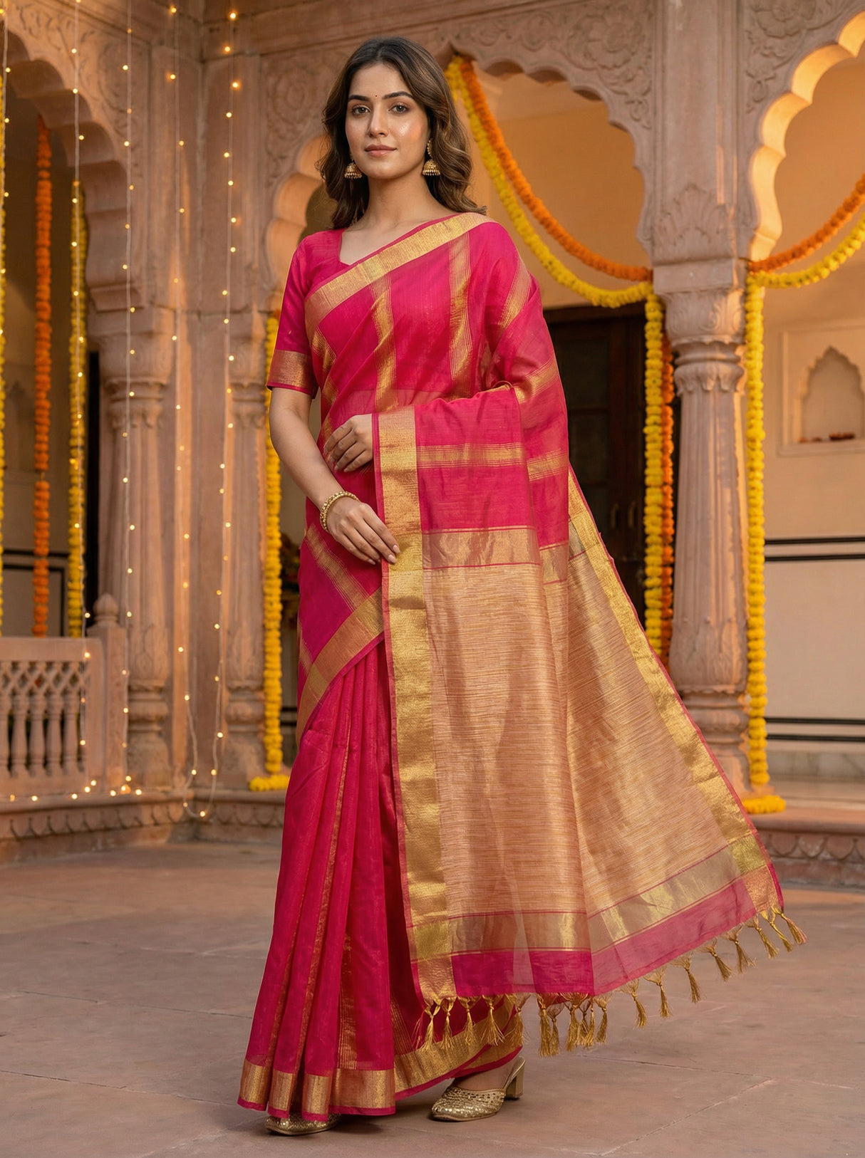 MIMOSA Women's Woven Design Banarasi Style Linen Saree with Blouse Piece - Rani ( SA00003153RNFREE )