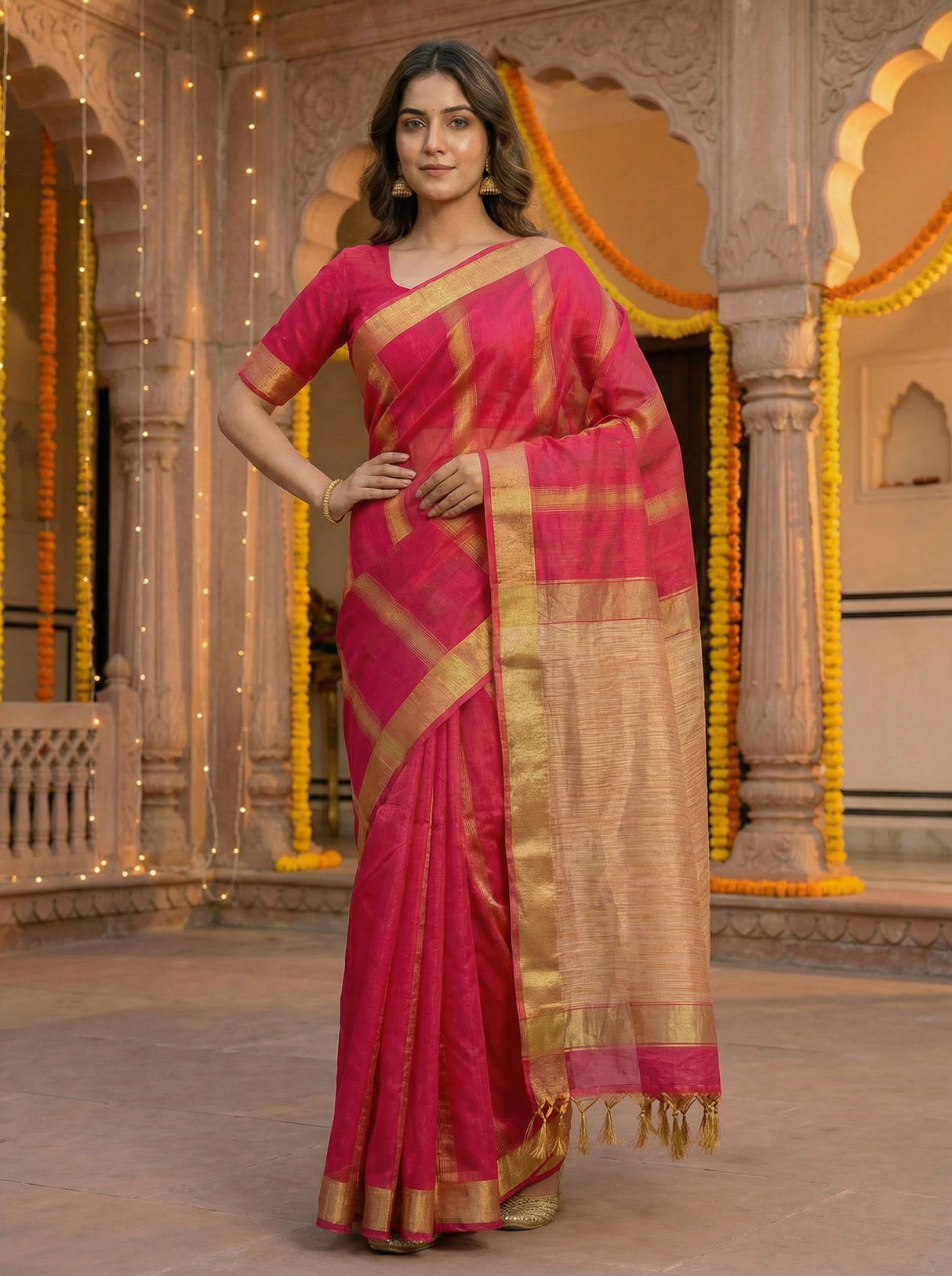 MIMOSA Women's Woven Design Banarasi Style Linen Saree with Blouse Piece - Rani ( SA00003153RNFREE )