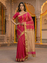 MIMOSA Women's Woven Design Banarasi Style Linen Saree with Blouse Piece - Rani ( SA00003153RNFREE )