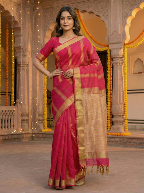 MIMOSA Women's Woven Design Banarasi Style Linen Saree with Blouse Piece - Rani ( SA00003153RNFREE )