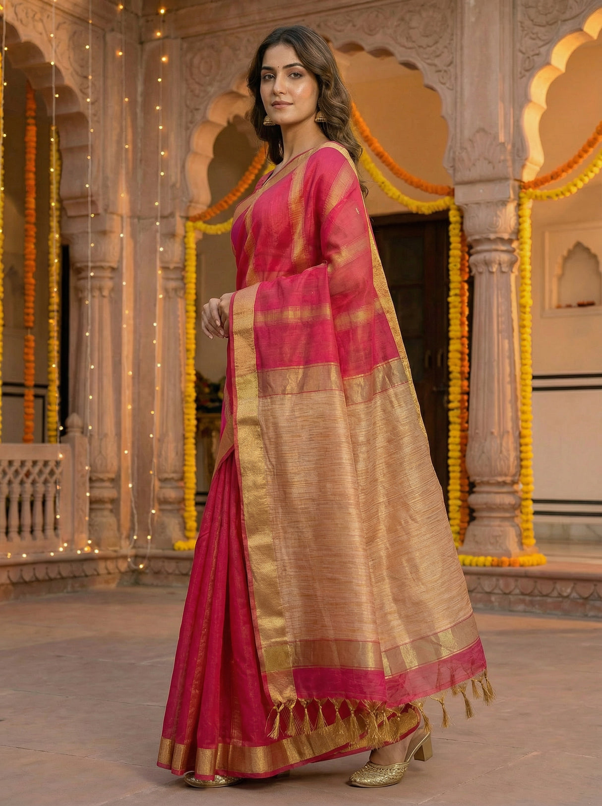 MIMOSA Women's Woven Design Banarasi Style Linen Saree with Blouse Piece - Rani ( SA00003153RNFREE )