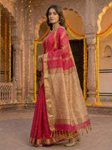MIMOSA Women's Woven Design Banarasi Style Linen Saree with Blouse Piece - Rani ( SA00003153RNFREE )