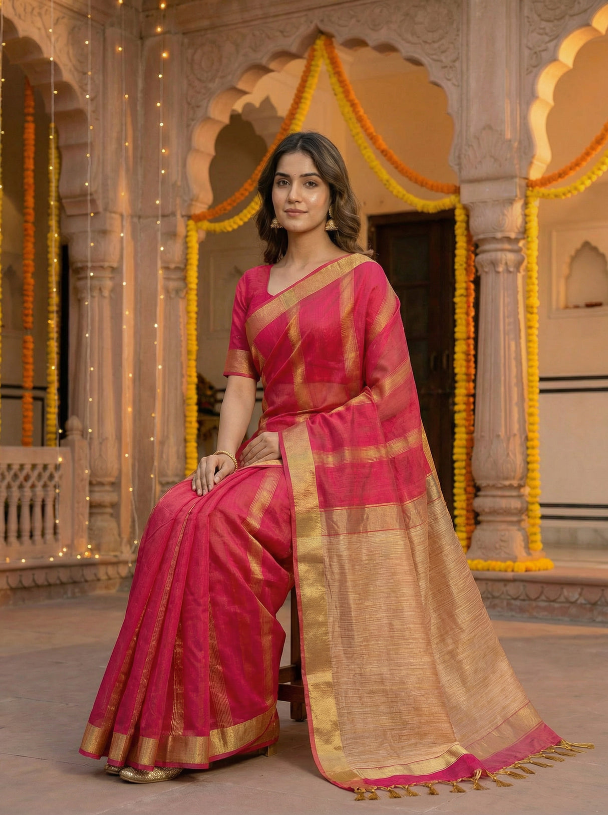 MIMOSA Women's Woven Design Banarasi Style Linen Saree with Blouse Piece - Rani ( SA00003153RNFREE )