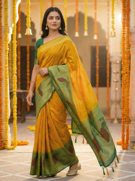 MIMOSA Women's Woven Design Paithani Style Raw Silk Saree with Blouse Piece - Mustard ( SA00003156MSFREE )