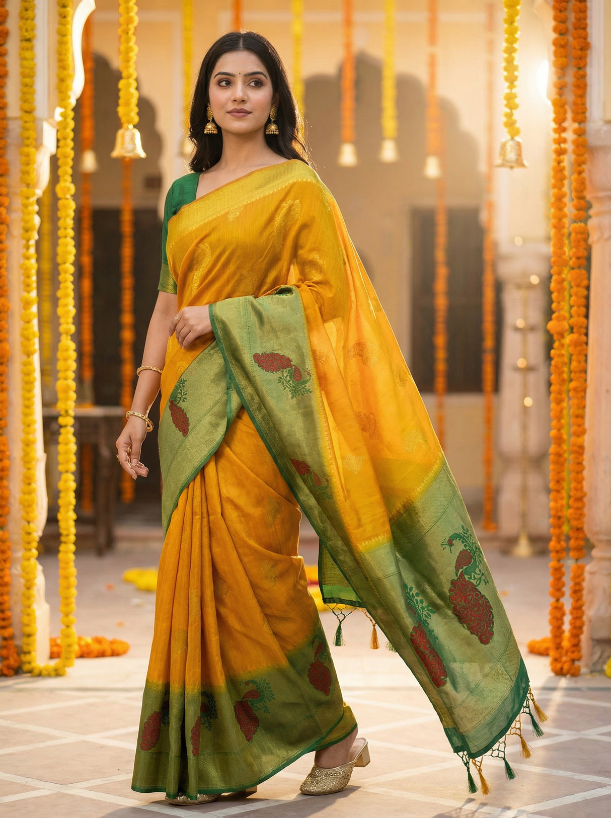 MIMOSA Women's Woven Design Paithani Style Raw Silk Saree with Blouse Piece - Mustard ( SA00003156MSFREE )