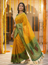 MIMOSA Women's Woven Design Paithani Style Raw Silk Saree with Blouse Piece - Mustard ( SA00003156MSFREE )