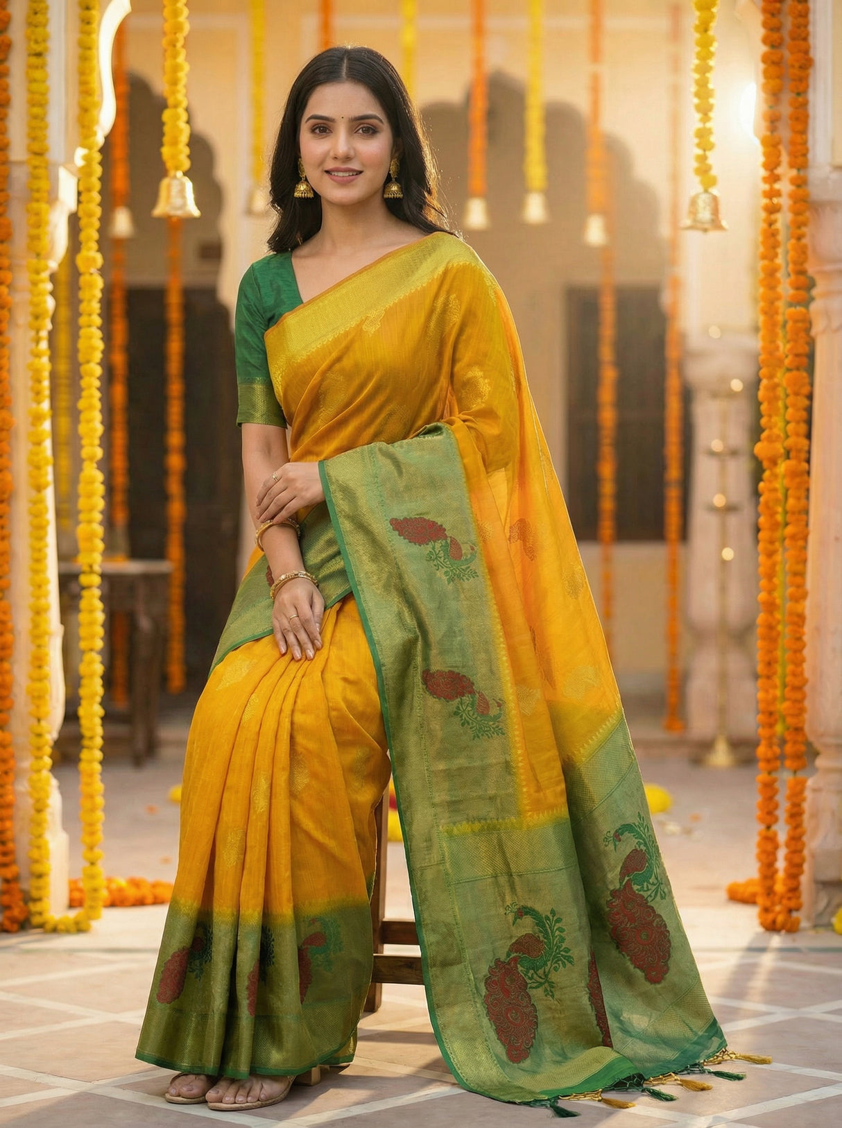 MIMOSA Women's Woven Design Paithani Style Raw Silk Saree with Blouse Piece - Mustard ( SA00003156MSFREE )