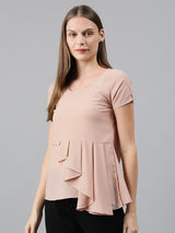 Mimosa Women Peach-Coloured Solid Ruffles A-Line Top with Slit Sleeves