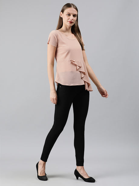 Mimosa Women Peach-Coloured Solid Ruffles A-Line Top with Slit Sleeves