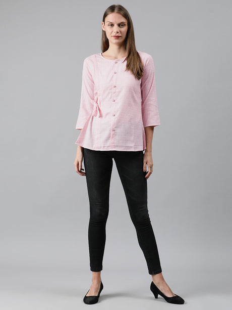 Mimosa Women Pink & Black Striped Top with Pleats & Tie-Ups
