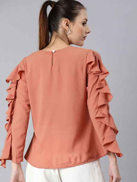 Mimosa women Coral Pink Solid Ruffled Sleeves Top