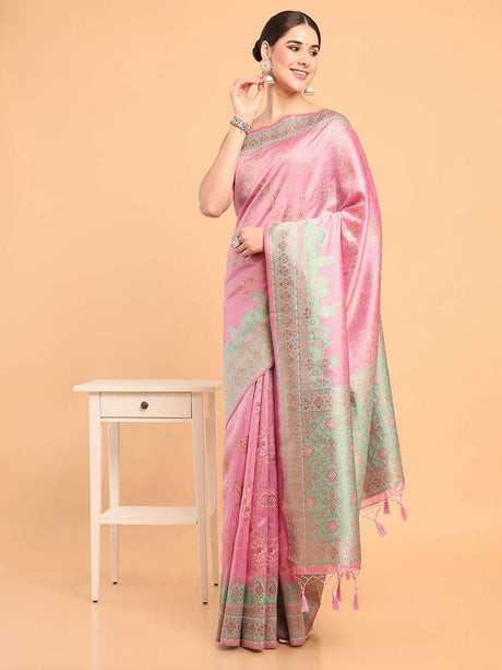 Mimosa Women's Woven Design Banarasi Art Silk Saree With Blouse Piece : SA00001063PNKFREE
