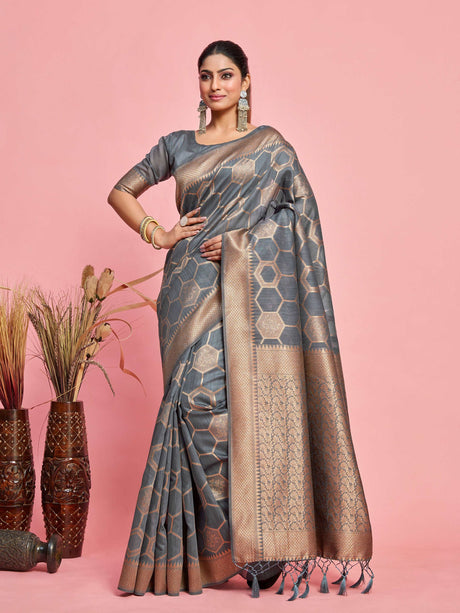 Mimosa Women's Woven Design Banarasi Linen Saree With Blouse Piece : SA00001235GYFREE