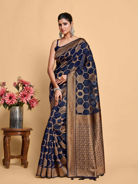 Mimosa Women's Woven Design Banarasi Linen Saree With Blouse Piece : SA00001235NVFREE