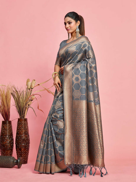 Mimosa Women's Woven Design Banarasi Linen Saree With Blouse Piece : SA00001235GYFREE