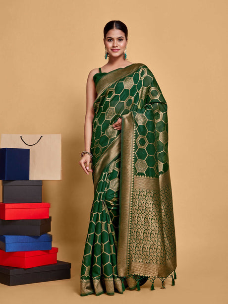 Mimosa Women's Woven Design Banarasi Linen Saree With Blouse Piece : SA00001235BGFREE