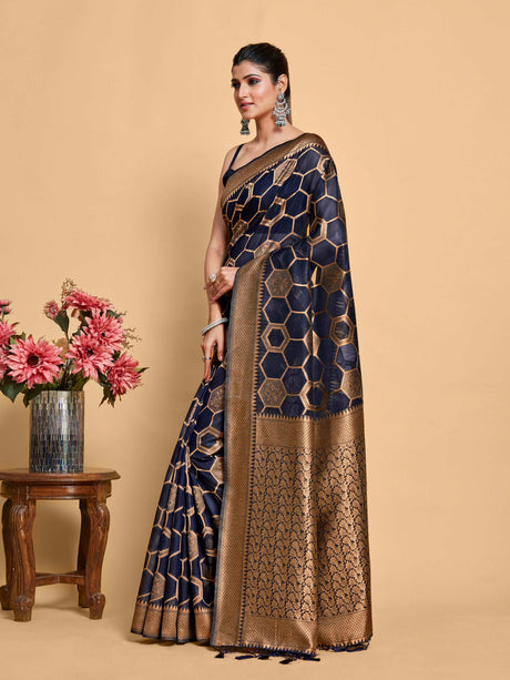 Mimosa Women's Woven Design Banarasi Linen Saree With Blouse Piece : SA00001235NVFREE