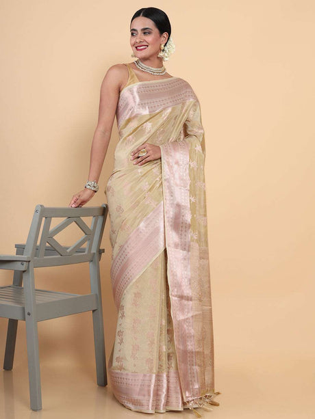 Mimosa Womens Art Silk Saree Kasavu Cream Color