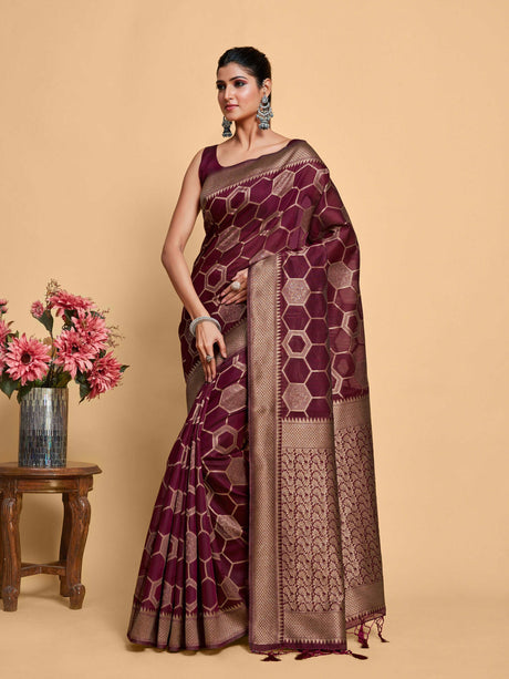 Mimosa Women's Woven Design Banarasi Linen Saree With Blouse Piece : SA00001235WNFREE