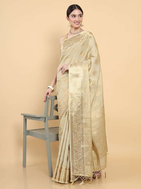 Mimosa Womens Art Silk Saree Kasavu Cream Color