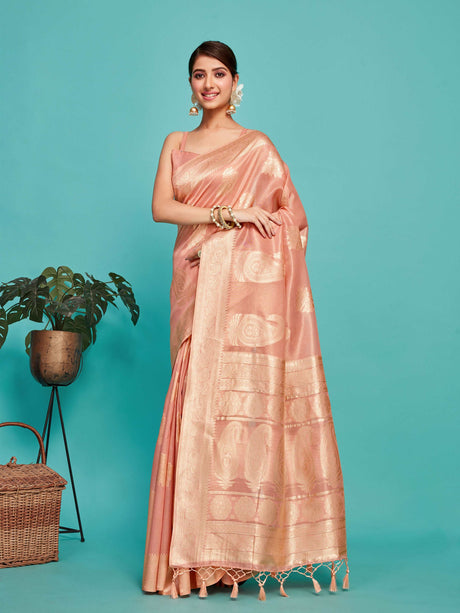 Mimosa Women's Woven Design Banarasi Art Silk Saree With Blouse Piece : SA00001217PNKFREE