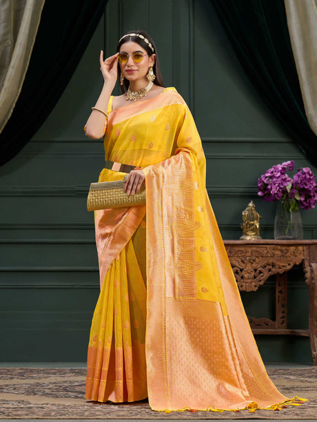 Mimosa Women's Woven Design Banarasi Art Silk Saree With Blouse Piece : SA0000872YLW