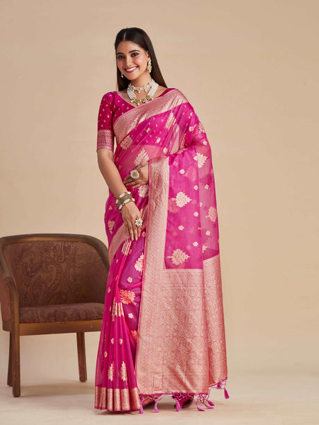 Mimosa Women's Woven Design Banarasi Organza Saree With Blouse Piece : SA00001161PNK