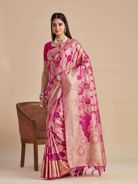 Mimosa Women's Woven Design Banarasi Organza Saree With Blouse Piece : SA00001160PNK
