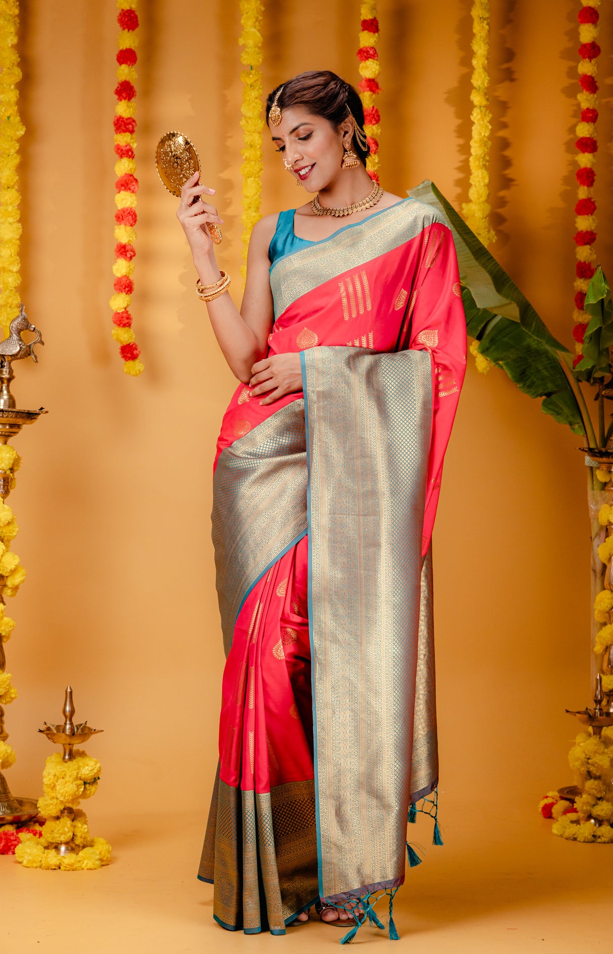 Mimosa Women's Woven Design Kanjivaram Style Art Silk Saree With Blouse Piece : SA00001732GJFREE