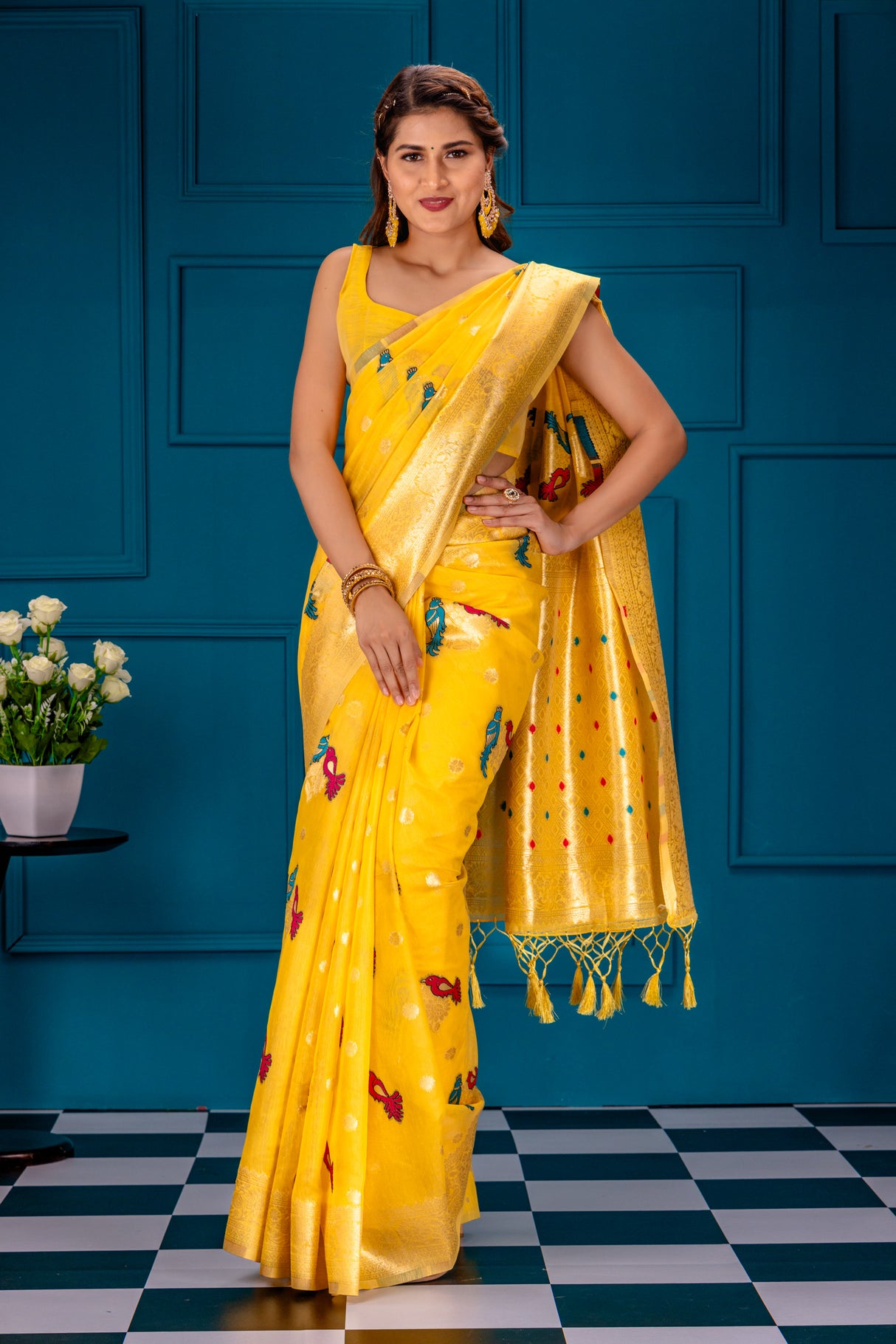 Mimosa Women's Woven Design Banarasi Style Art Silk Saree With Blouse Piece : SA00001739GDFREE