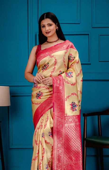 Mimosa Women's Woven Design Kanjivaram Style Art Silk Saree With Blouse Piece : SA00001626GDFREE