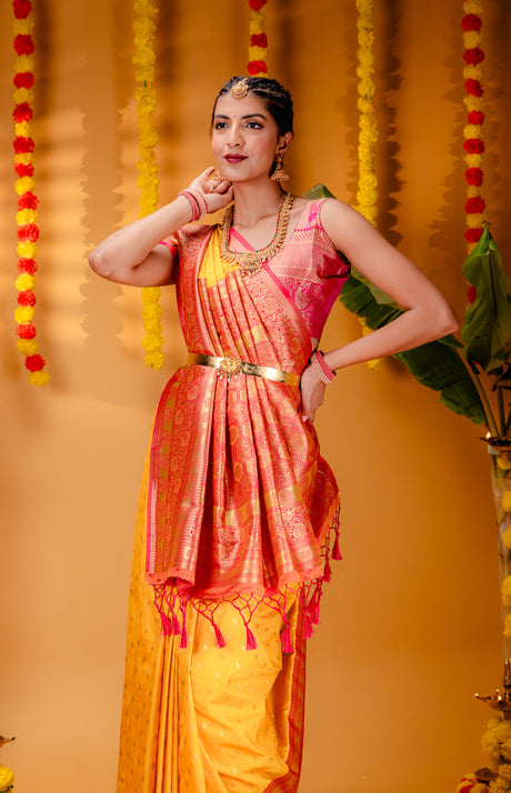 Mimosa Women's Woven Design Kanjivaram Style Art Silk Saree With Blouse Piece : SA00001607GDFREE