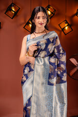 Mimosa Women's Woven Design Kanjivaram Style Art Silk Saree With Blouse Piece : SA00001735NVFREE