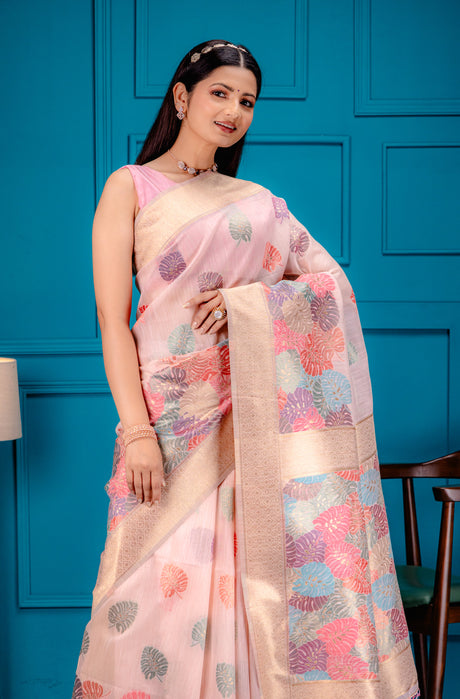 Mimosa Women's Woven Design Banarasi Style Art Silk Saree With Blouse Piece : SA00001787PNKFREE