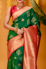 Mimosa Women's Woven Design Kanjivaram Style Art Silk Saree With Blouse Piece : SA00001732GRNFREE