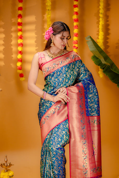 Mimosa Women's Woven Design Paithani Style Art Silk Saree With Blouse Piece : SA00001654IBFREE