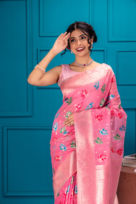 Mimosa Women's Woven Design Banarasi Style Art Silk Saree With Blouse Piece : SA00001603PNKFREE