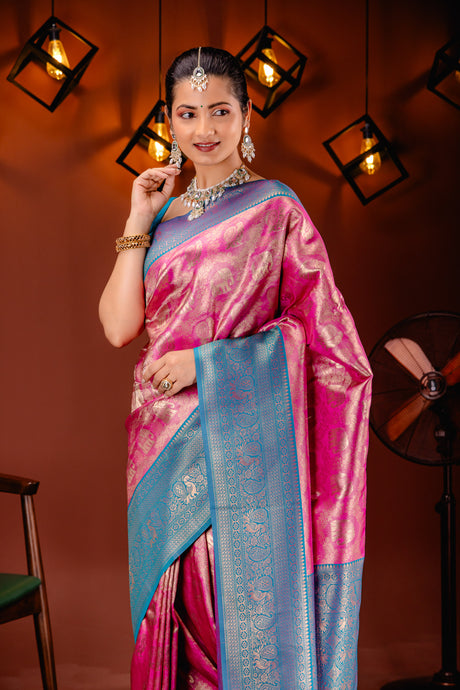 Mimosa Women's Woven Design Kanjivaram Style Art Silk Saree With Blouse Piece : SA00001783PNKFREE