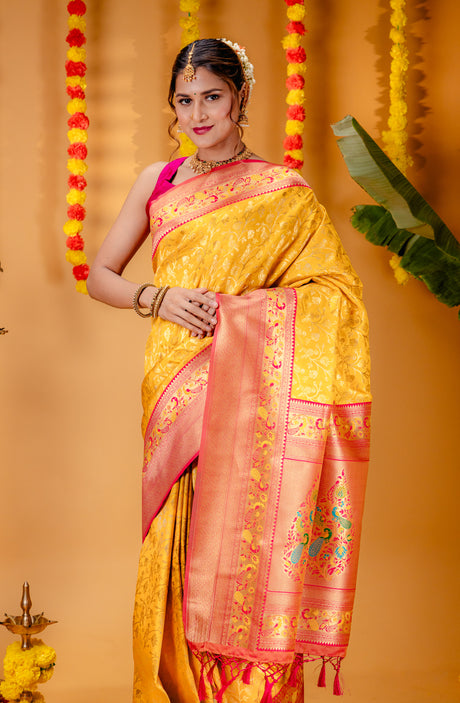 Mimosa Women's Woven Design Paithani Style Art Silk Saree With Blouse Piece : SA00001654GDFREE