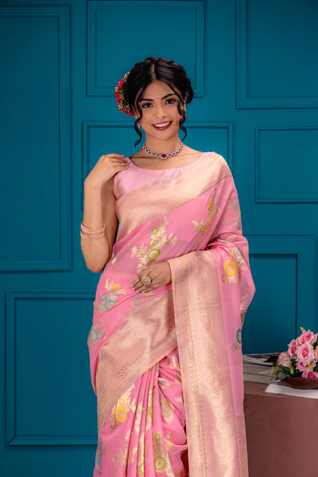 Mimosa Women's Woven Design Banarasi Style Art Silk Saree With Blouse Piece : SA00001767PNKFREE